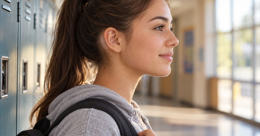 Teenage girl at school lockers with her hair in a ponytail and a clear ear correction sticker behind her ear
