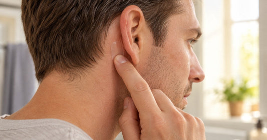Man pressing a clear ear correction sticker onto the skin behind his ear