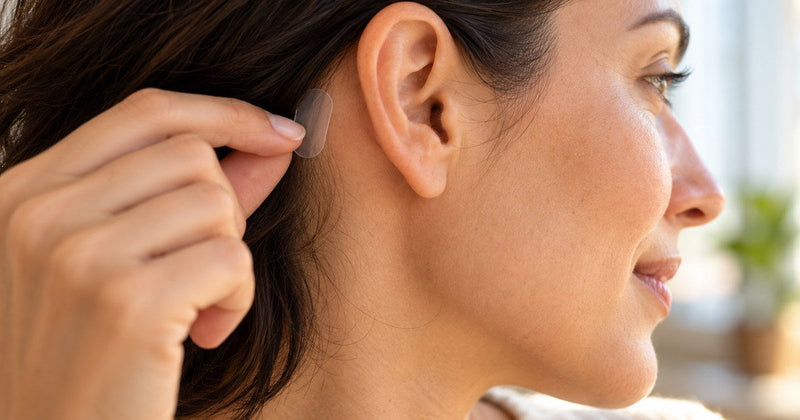 Hand placing a clear EarFix sticker behind an adult ear, a non-surgical way to pin back ears