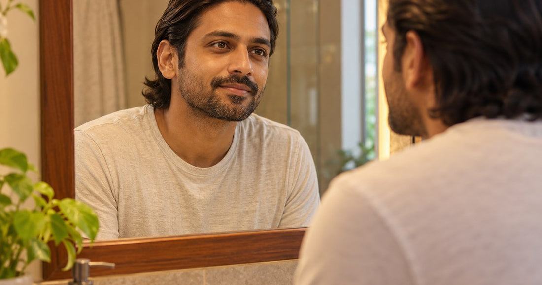 Adult looking in a mirror with hair tucked back, considering non-surgical ear correction