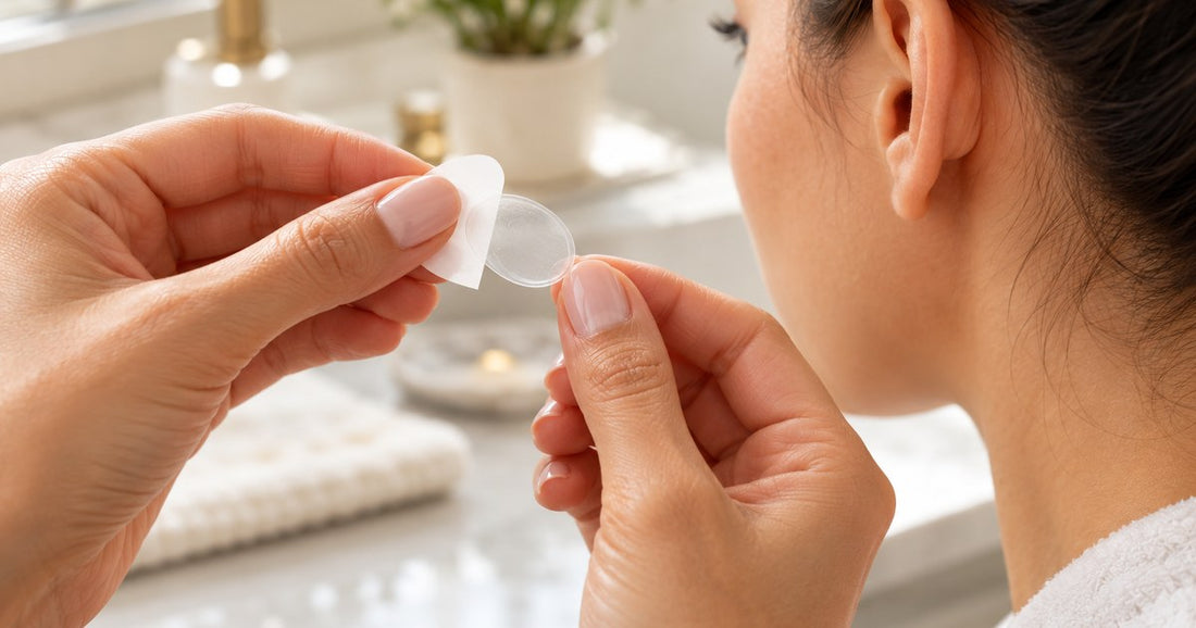 Hands peeling the backing from an EarFix sticker before application