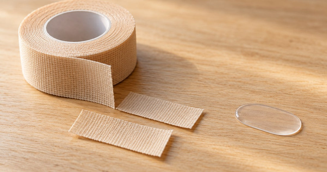 Roll of medical tape next to a clear EarFix sticker, comparing ear pinning tape with stickers