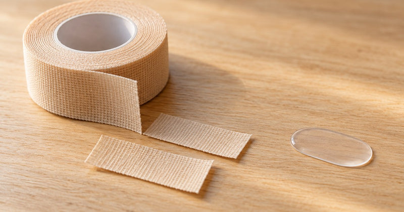 Roll of medical tape next to a clear EarFix sticker, comparing ear pinning tape with stickers