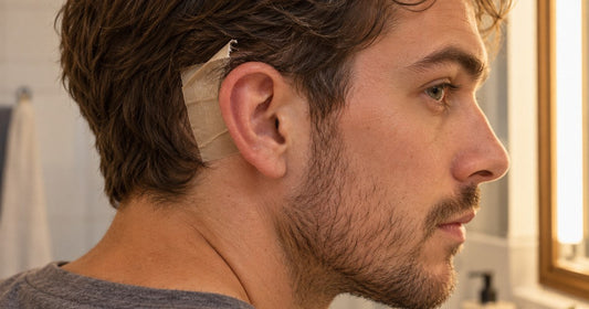 Man in side profile with a strip of medical tape behind his ear starting to lift at the corner