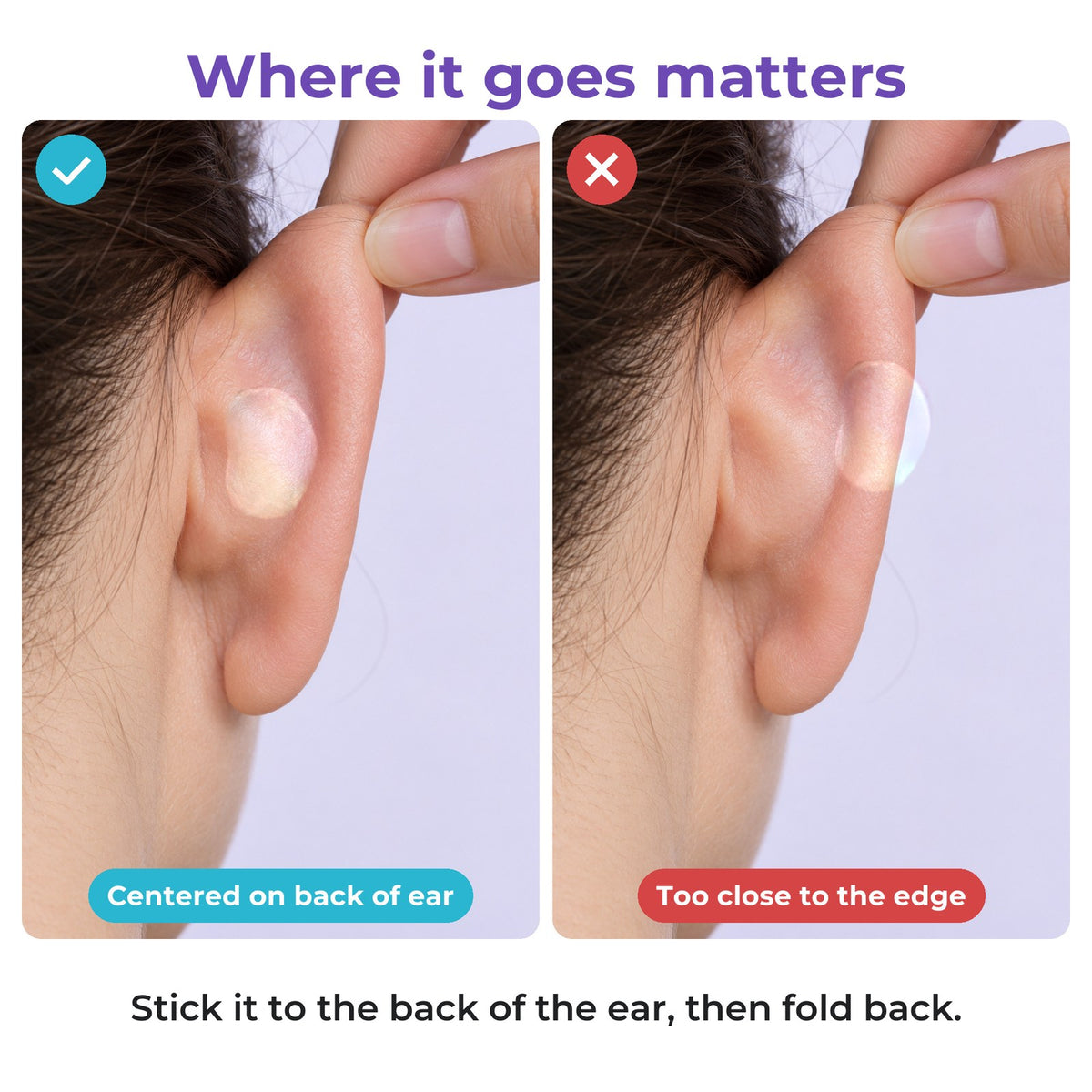 Correct sticker placement centered on the back of the ear versus too close to the edge