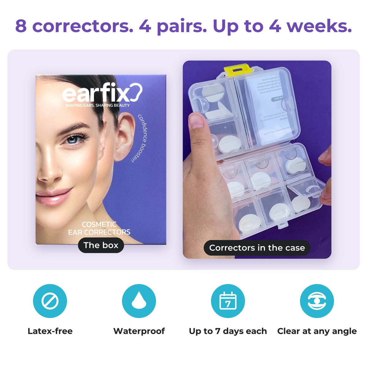 EarFix box and case holding 8 clear correctors, latex-free and waterproof